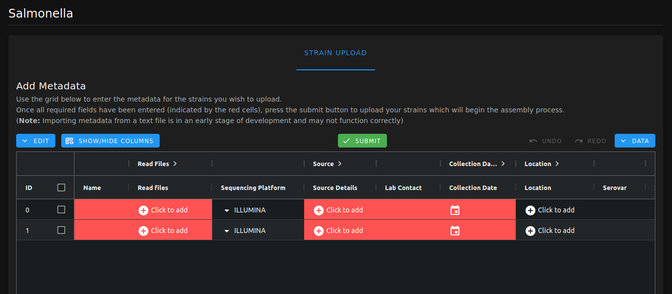 Grid for Salmonella Strain Uploads with 2 Newly Added Rows